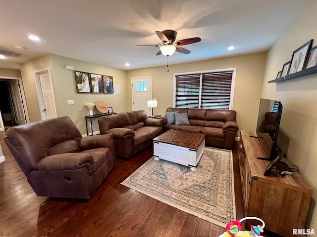 409 W Main St, Williamsville, IL 62693 - living area with dark wood-style floors, ceiling fan, and recessed lighting