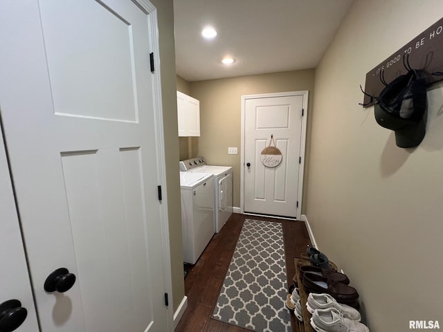 409 W Main St, Williamsville, IL 62693 - laundry room with washing machine and dryer, dark wood-style floors, cabinet space, and recessed lighting