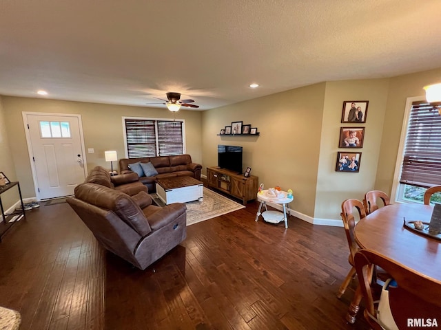 409 W Main St, Williamsville, IL 62693 - living area featuring dark wood-type flooring, recessed lighting, and ceiling fan