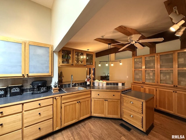 131 E Willard St, Wataga, IL 61488 - kitchen featuring a sink, a peninsula, vaulted ceiling, a ceiling fan, and dark countertops