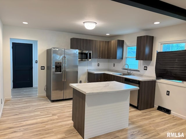 1614 E Converse Ave, Springfield, IL 62702 - kitchen featuring appliances with stainless steel finishes, a sink, light countertops, dark brown cabinetry, and backsplash
