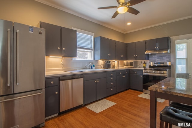 306 N Jefferson St, Abingdon, IL 61410 - kitchen featuring stainless steel appliances, under cabinet range hood, light wood-type flooring, gray cabinets, and ceiling fan