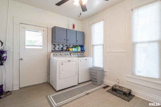 306 N Jefferson St, Abingdon, IL 61410 - washroom with cabinet space, separate washer and dryer, a ceiling fan, and light wood-style floors