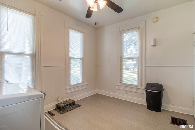 306 N Jefferson St, Abingdon, IL 61410 - washroom with healthy amount of natural light, washer / dryer, a ceiling fan, a wainscoted wall, and baseboards
