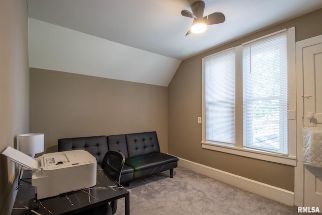 306 N Jefferson St, Abingdon, IL 61410 - living area featuring carpet, lofted ceiling, baseboards, and ceiling fan