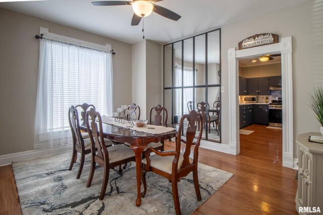 306 N Jefferson St, Abingdon, IL 61410 - dining space featuring a ceiling fan, wood finished floors, and baseboards