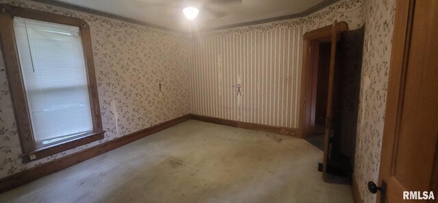 1262 N Broad St, Galesburg, IL 61401 - carpeted empty room featuring wallpapered walls and baseboards
