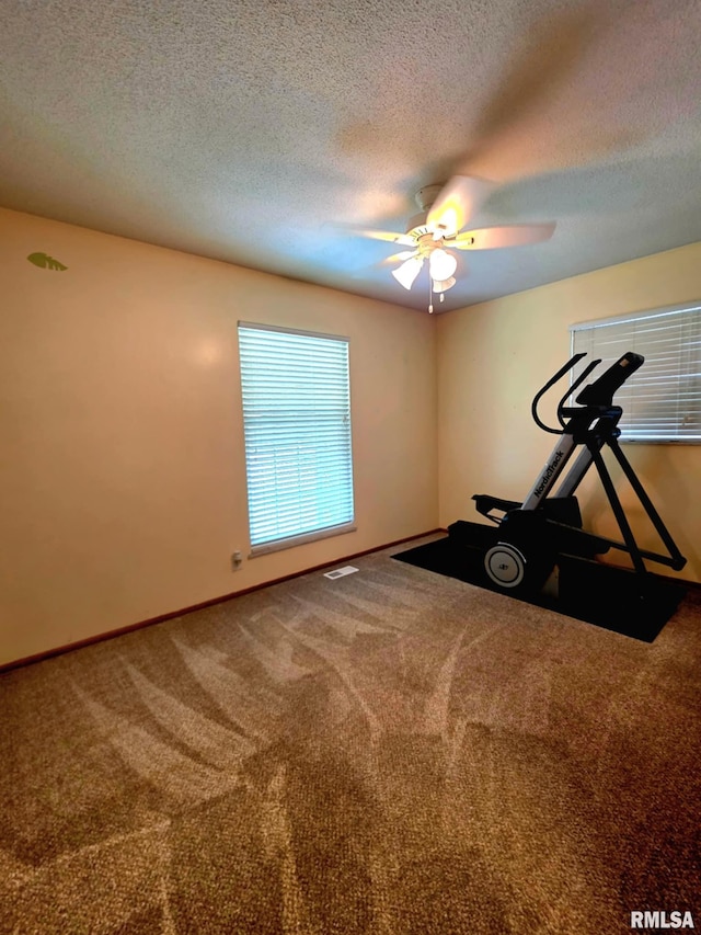 1246 Curtis Creek Rd, Quincy, IL 62301 - workout area featuring carpet, ceiling fan, a textured ceiling, and baseboards