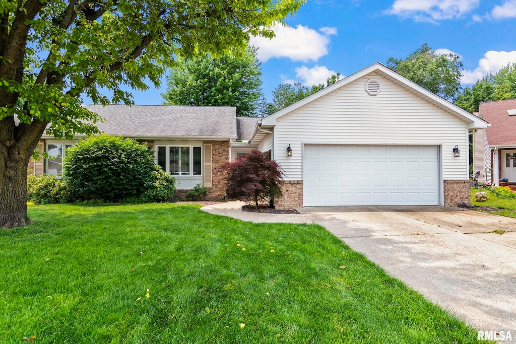 2205 Pond Mill Ct, Springfield, IL 62704 - ranch-style home featuring brick siding, driveway, a front lawn, an attached garage, and roof with shingles