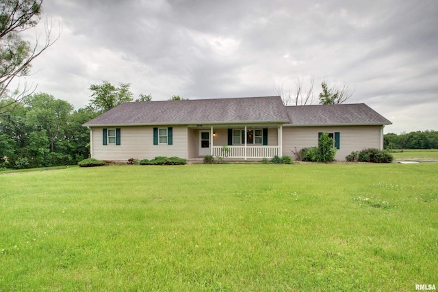 2044 N 1200th Ave, Liberty, IL 62347 - ranch-style home featuring a porch, a front lawn, and roof with shingles