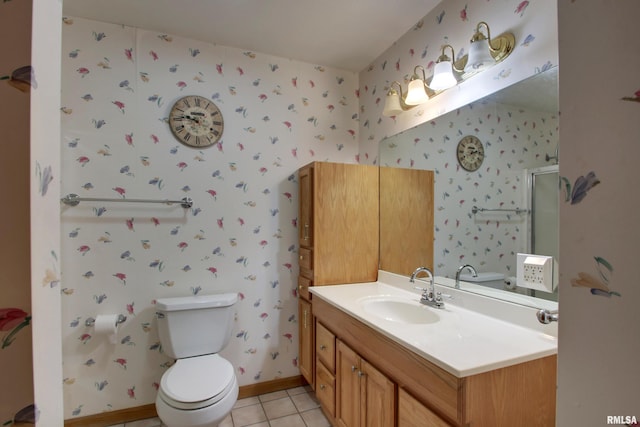 2044 N 1200th Ave, Liberty, IL 62347 - full bathroom featuring toilet, a shower stall, vanity, wallpapered walls, and tile patterned flooring