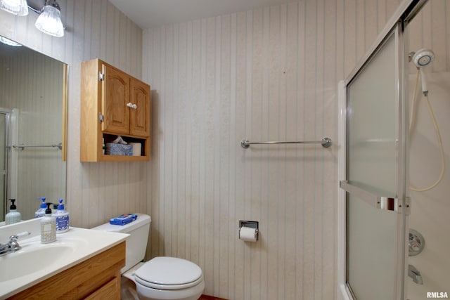 2044 N 1200th Ave, Liberty, IL 62347 - full bath featuring wallpapered walls, a shower with shower door, toilet, and vanity