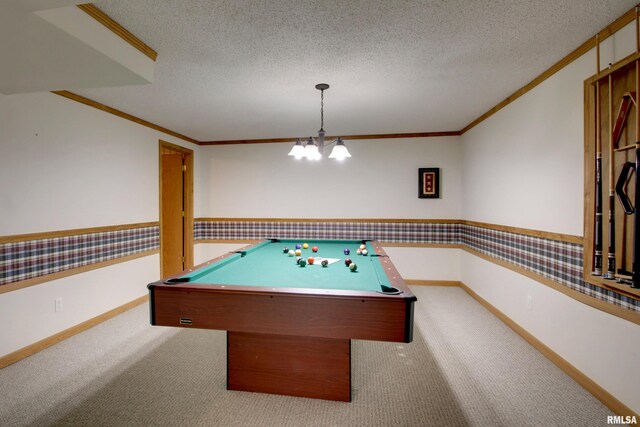 2044 N 1200th Ave, Liberty, IL 62347 - game room with carpet flooring, crown molding, a wainscoted wall, a textured ceiling, and wallpapered walls