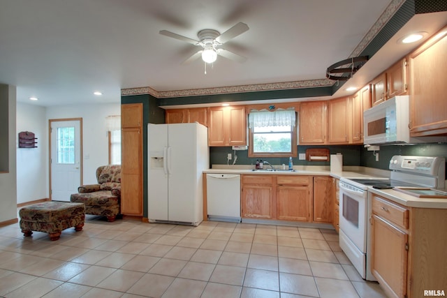 2044 N 1200th Ave, Liberty, IL 62347 - kitchen featuring white appliances, light countertops, a ceiling fan, recessed lighting, and light tile patterned floors