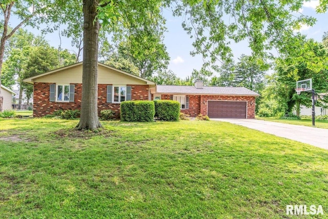 69 Axline Rd, Chatham, IL 62629 - view of front of house featuring brick siding, an attached garage, concrete driveway, a chimney, and a front lawn