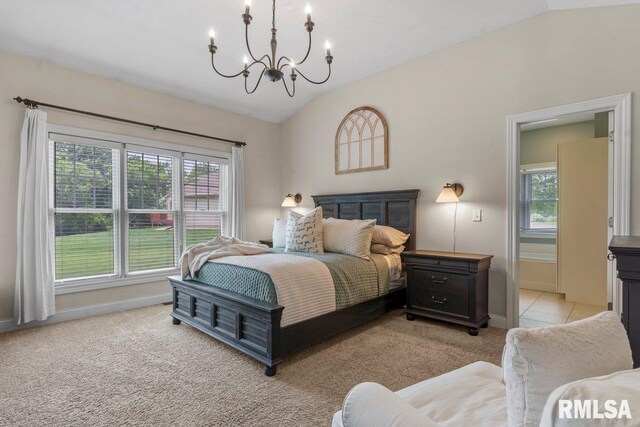 33 Vista Rdg, Petersburg, IL 62675 - bedroom with lofted ceiling, multiple windows, a chandelier, light colored carpet, and baseboards