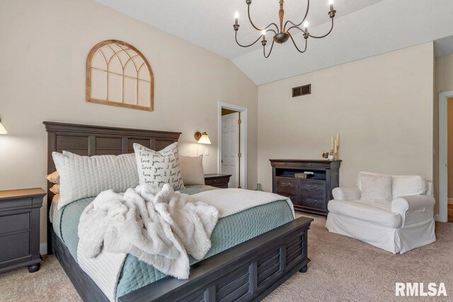 33 Vista Rdg, Petersburg, IL 62675 - bedroom featuring light carpet, vaulted ceiling, and a chandelier