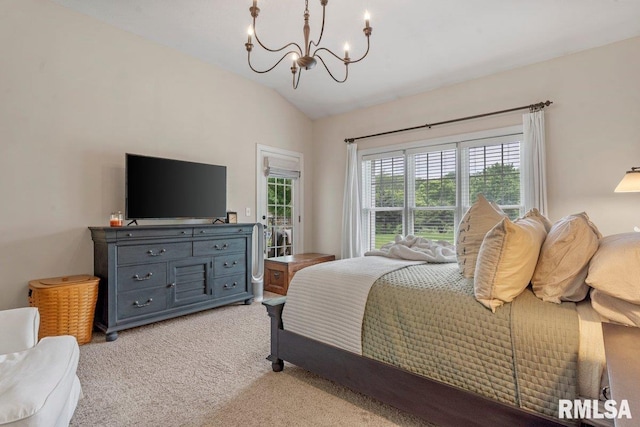 33 Vista Rdg, Petersburg, IL 62675 - bedroom with a chandelier, light carpet, vaulted ceiling, and access to exterior