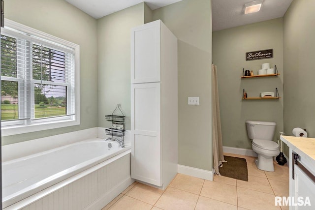 33 Vista Rdg, Petersburg, IL 62675 - full bath with vanity, tile patterned flooring, toilet, a garden tub, and curtained shower