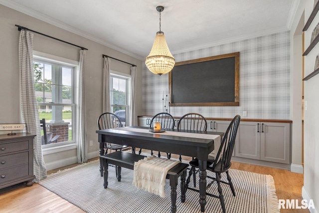 33 Vista Rdg, Petersburg, IL 62675 - dining space with wallpapered walls, ornamental molding, light wood finished floors, a chandelier, and baseboards