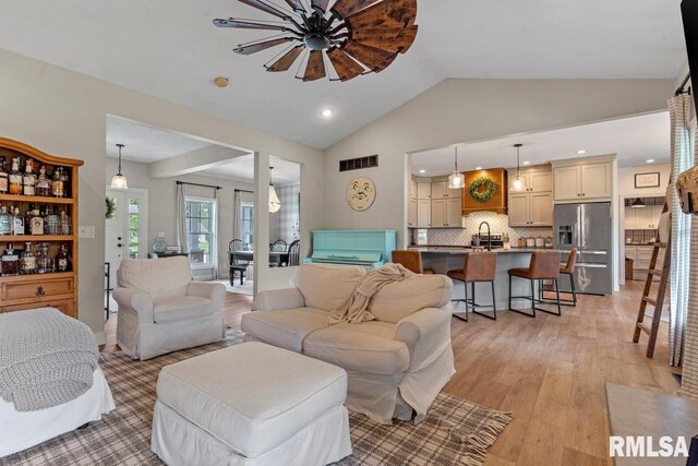 33 Vista Rdg, Petersburg, IL 62675 - living room featuring vaulted ceiling, recessed lighting, light wood-style flooring, and a ceiling fan