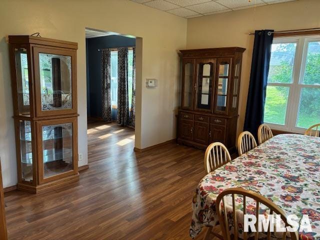 505 E Elm St, Carlinville, IL 62626 - dining space with dark wood finished floors, a drop ceiling, and baseboards