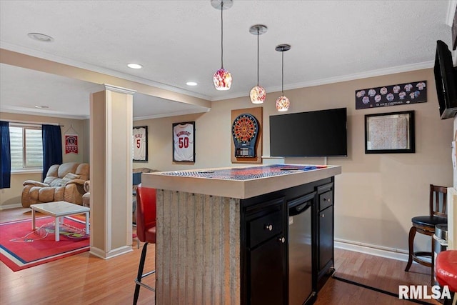 4108 Newtonmore Dr, Springfield, IL 62712 - bar area featuring baseboards, light wood-type flooring, crown molding, decorative light fixtures, and recessed lighting