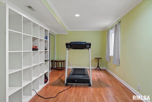 4108 Newtonmore Dr, Springfield, IL 62712 - exercise area with crown molding, wood finished floors, baseboards, and recessed lighting