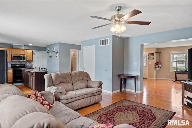 4108 Newtonmore Dr, Springfield, IL 62712 - living area featuring ceiling fan, light wood-style flooring, and baseboards