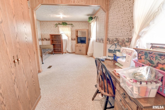 128 Macarthur Blvd, Pana, IL 62557 - carpeted office featuring wallpapered walls, crown molding, and a textured ceiling
