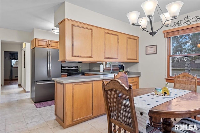 2054 Cambridge Rd, Springfield, IL 62704 - kitchen featuring freestanding refrigerator, stainless steel electric range, a peninsula, a sink, and light tile patterned floors