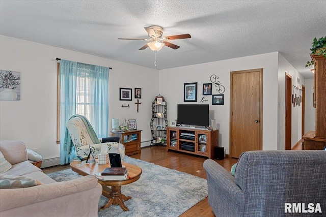 122 W Chapin St, Litchfield, IL 62056 - living area with a ceiling fan, wood finished floors, a textured ceiling, and a baseboard radiator