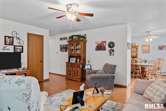 122 W Chapin St, Litchfield, IL 62056 - living area with a ceiling fan, a textured ceiling, light wood-style floors, and baseboards