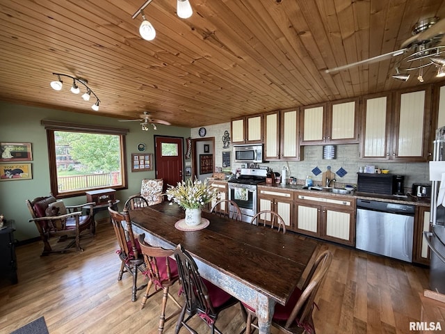 100 Fulton St, Oquawka, IL 61469 - dining room featuring track lighting, wood ceiling, light wood-style floors, and ceiling fan