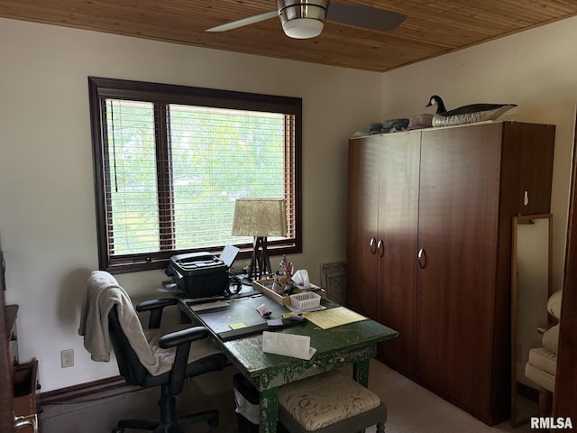 100 Fulton St, Oquawka, IL 61469 - office with a ceiling fan, wood ceiling, healthy amount of natural light, and light colored carpet