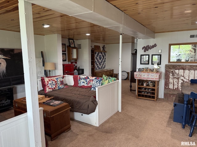 100 Fulton St, Oquawka, IL 61469 - living area with carpet floors, wooden ceiling, and recessed lighting