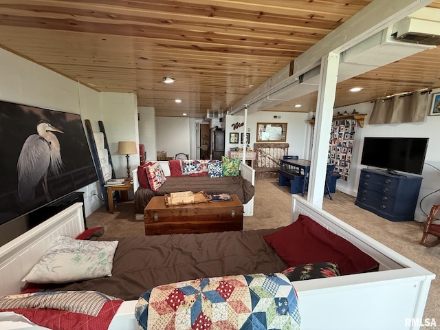 100 Fulton St, Oquawka, IL 61469 - living room featuring carpet, wooden ceiling, and recessed lighting