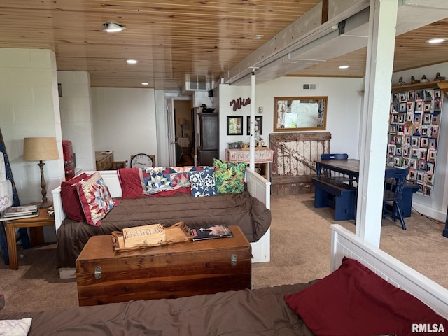 100 Fulton St, Oquawka, IL 61469 - living area with carpet flooring, wood ceiling, and recessed lighting