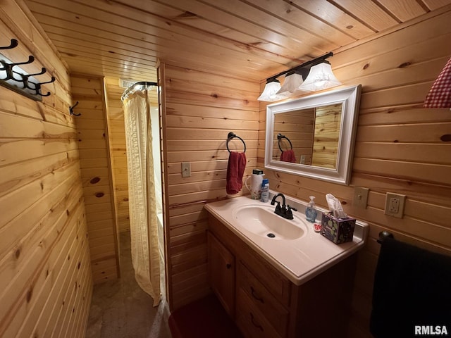 100 Fulton St, Oquawka, IL 61469 - full bathroom with wood walls, wooden ceiling, vanity, and curtained shower