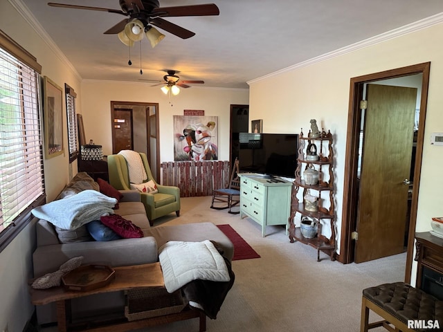 100 Fulton St, Oquawka, IL 61469 - living area featuring light carpet, ceiling fan, and ornamental molding