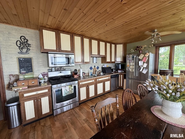 100 Fulton St, Oquawka, IL 61469 - kitchen featuring appliances with stainless steel finishes, wood ceiling, dark wood-type flooring, ceiling fan, and a sink