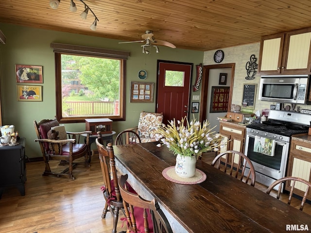 100 Fulton St, Oquawka, IL 61469 - dining room with wooden ceiling, a ceiling fan, light wood finished floors, and track lighting