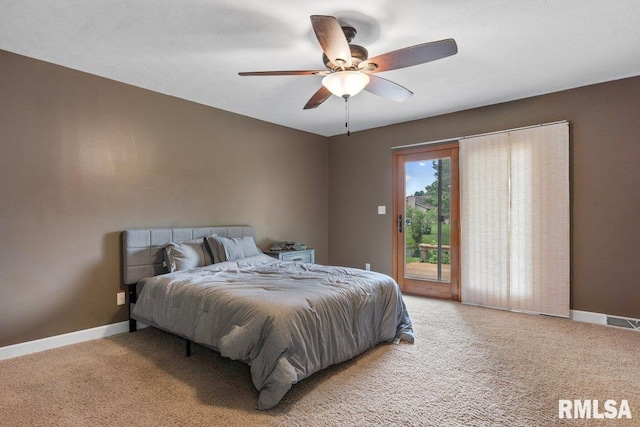 136 Lilac Ln, Chatham, IL 62629 - bedroom featuring access to outside, light colored carpet, baseboards, and ceiling fan