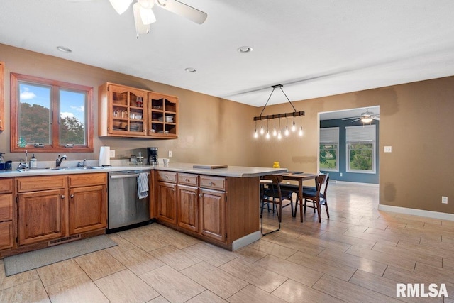 136 Lilac Ln, Chatham, IL 62629 - kitchen featuring dishwasher, a sink, a ceiling fan, a peninsula, and recessed lighting