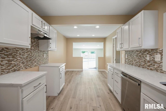 3024 Allis St, Springfield, IL 62703 - kitchen with dishwasher, under cabinet range hood, light wood-style floors, white cabinetry, and recessed lighting