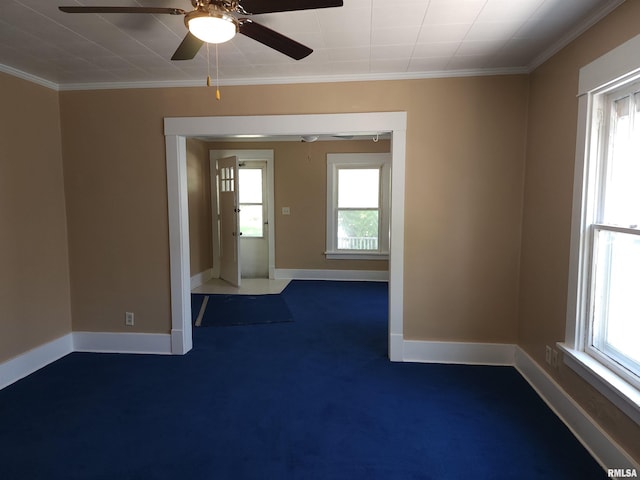 2240 Holmes Ave, Springfield, IL 62704 - empty room with plenty of natural light, crown molding, a ceiling fan, and carpet floors