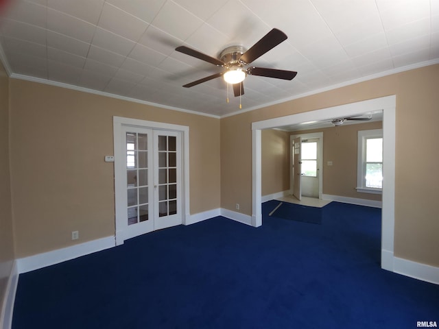 2240 Holmes Ave, Springfield, IL 62704 - unfurnished room featuring ceiling fan, crown molding, dark colored carpet, and french doors