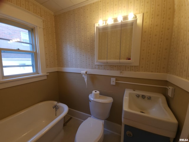 2240 Holmes Ave, Springfield, IL 62704 - full bathroom with a soaking tub, ornamental molding, vanity, and wallpapered walls