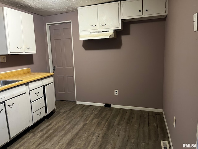3208 E Elm St, Springfield, IL 62702 - kitchen featuring dark wood-style flooring, white cabinetry, under cabinet range hood, and a textured ceiling