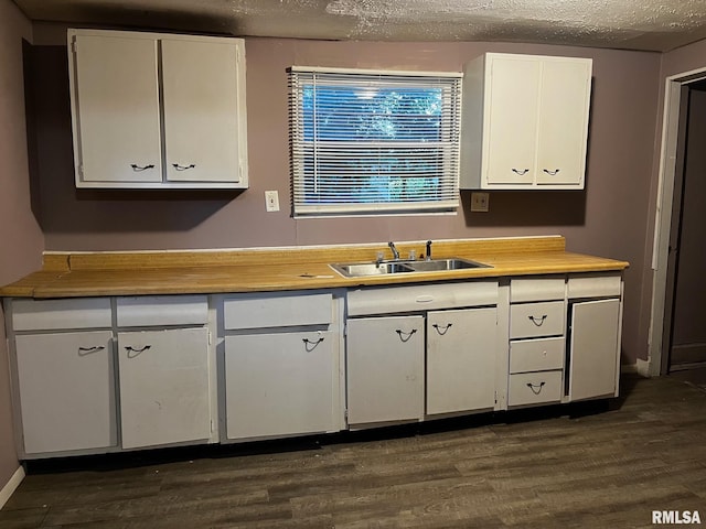 3208 E Elm St, Springfield, IL 62702 - kitchen with white cabinetry, dark wood-style flooring, light countertops, and a textured ceiling